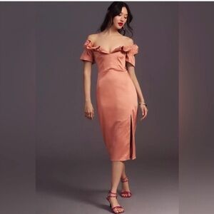 Anthropologie Ruffled Off-Shoulder Midi Dress in‎ Dusty Coral Sz M